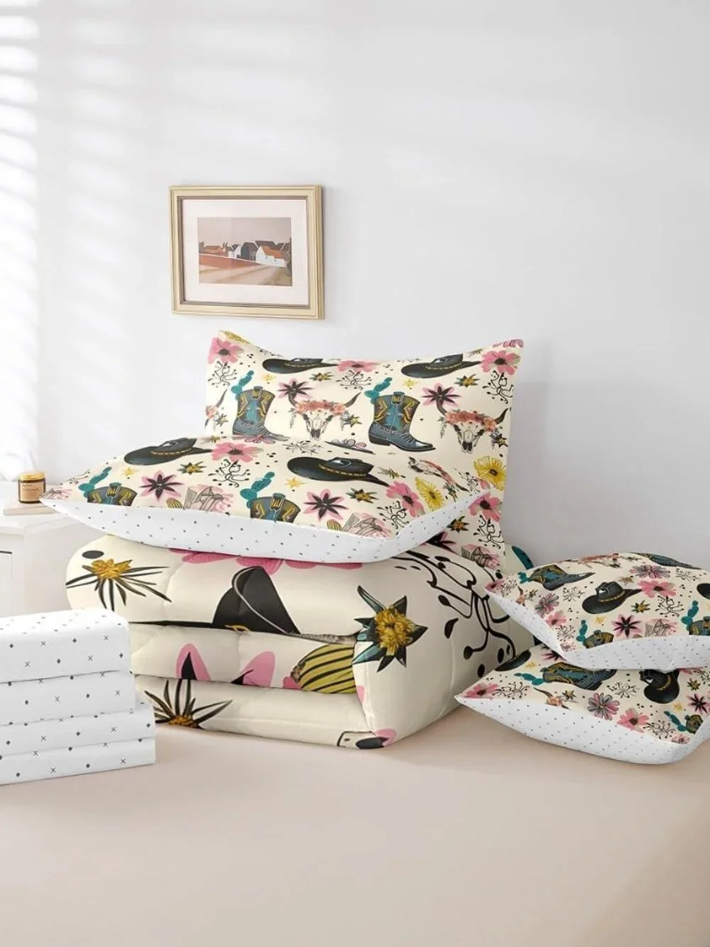 7 Pieces Western Cowboy Comforter Set Twin Size, Cowboy Boots Hat Bedding Set fo